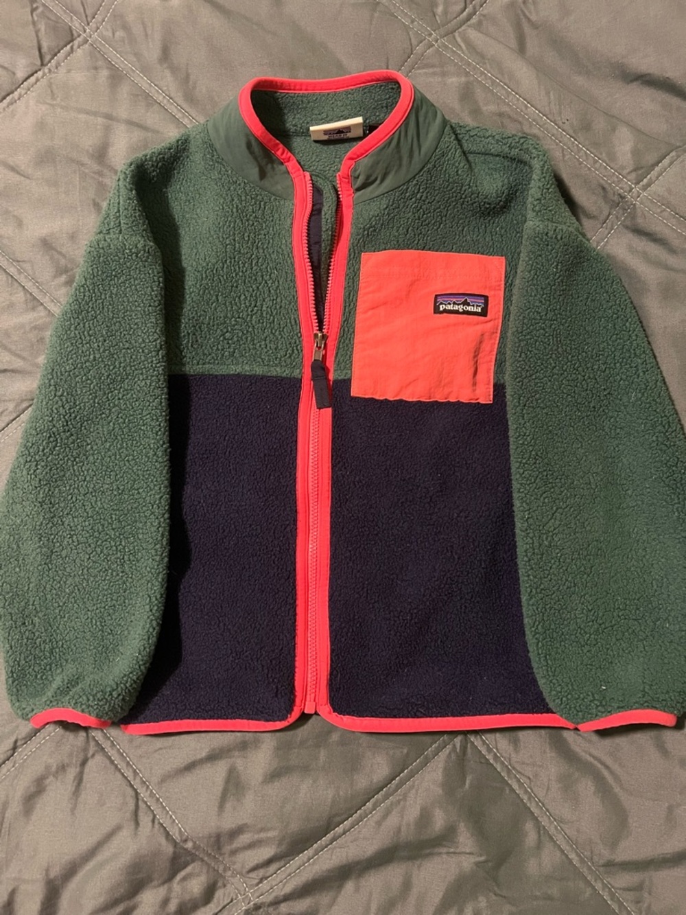 Patagonia Kids Fleece Jacket in Forest Green, Navy & Coral